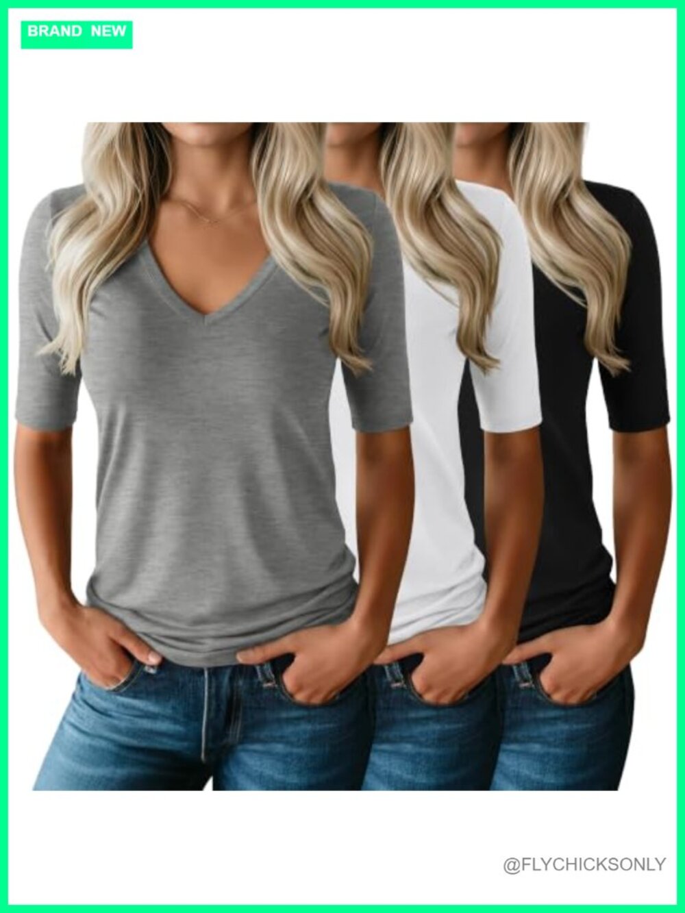 Ficerd 3 Pack Women's V Neck Half Sleeve T-Shirts Slim Fit Cotton Blend
